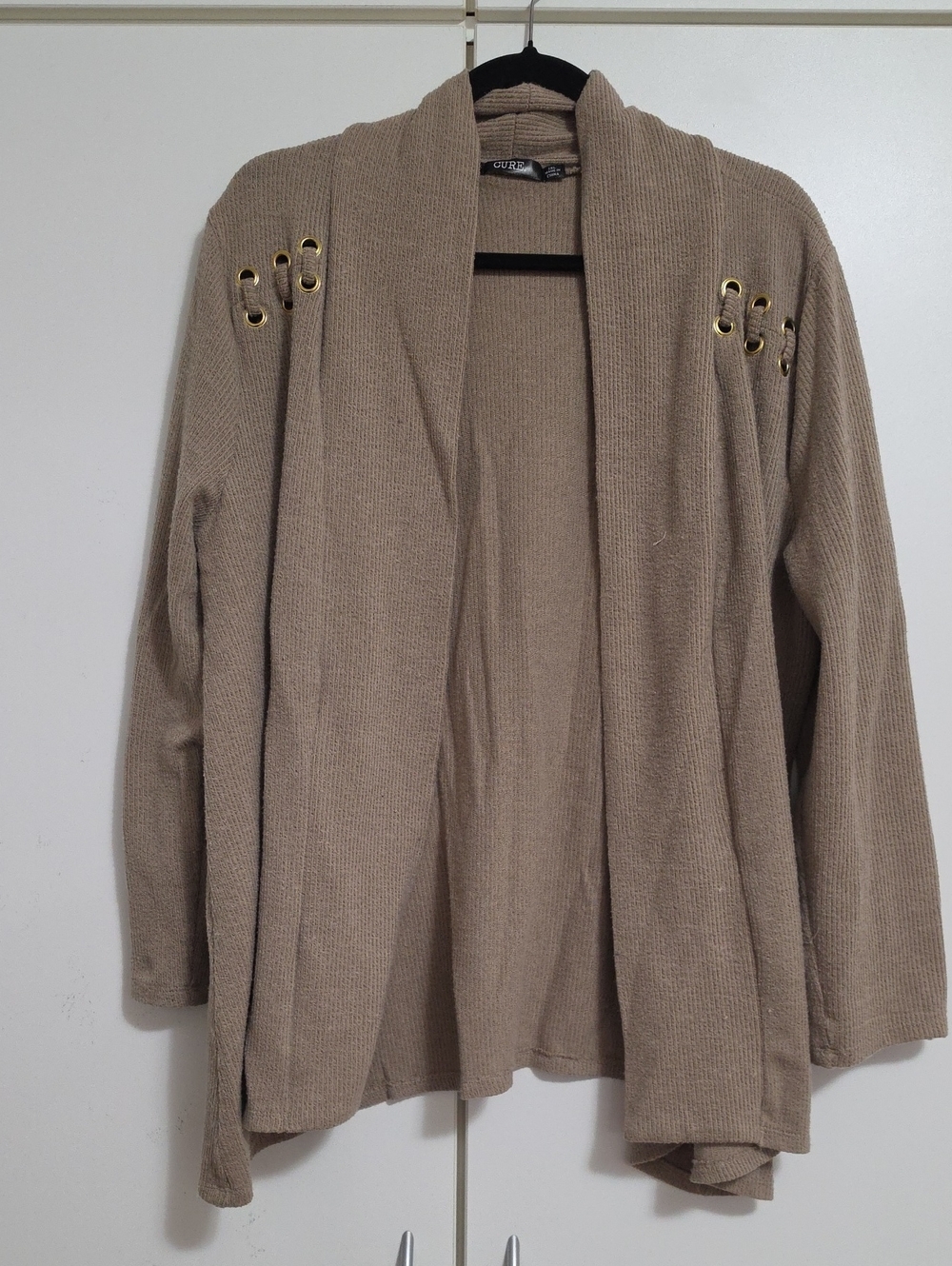 Women’s Taupe Open-Front Cardigan with Gold Grommet Detail